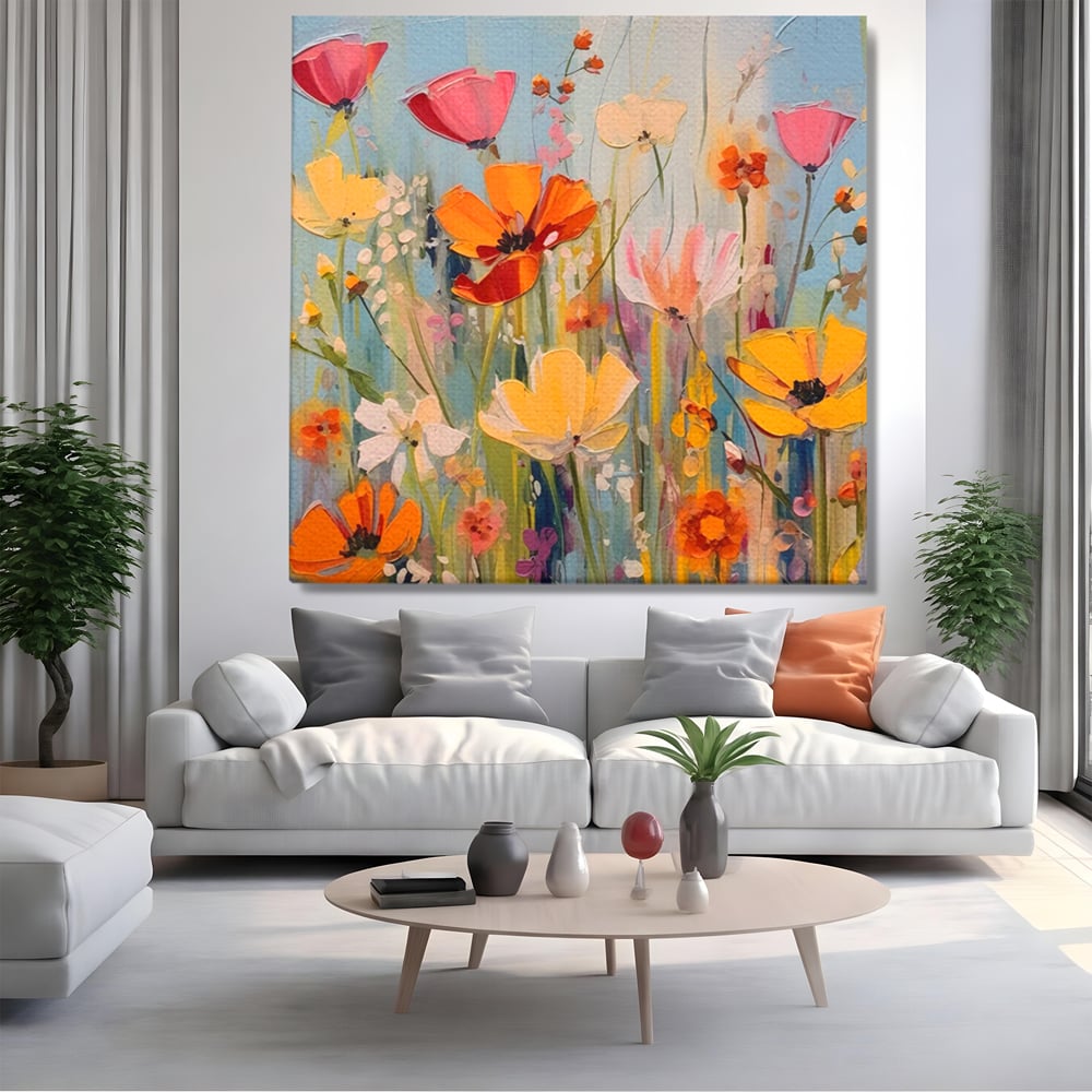 Tablou canvas cu pictura in cutit cu flori de camp, fara rama, pe sasiu de lemn, pe perete intr-un living